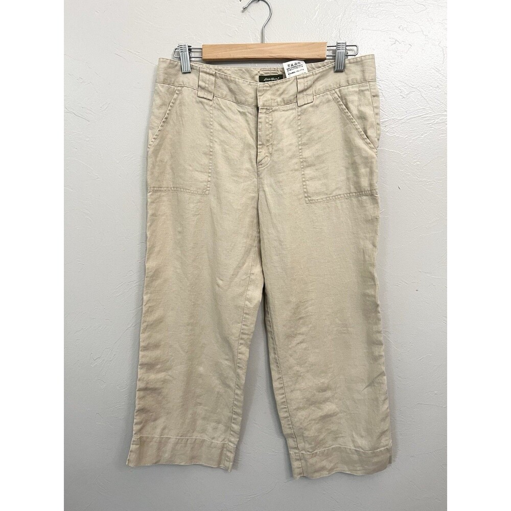 Eddie Bauer Cropped Linen Pants Womens 14 Vashon Fit Khaki Straight Leg Classic